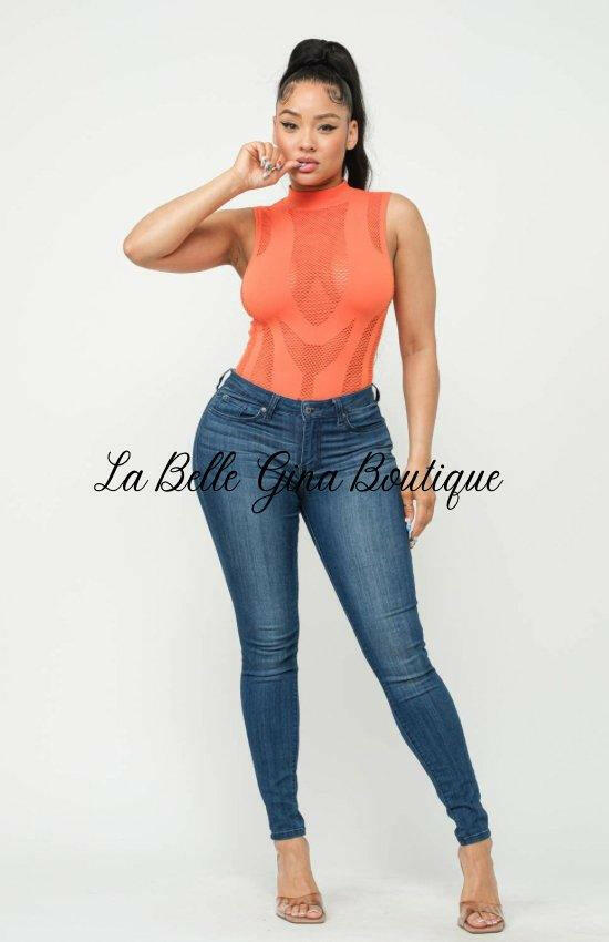 Julie All Over Fishnet Bodysuit-Orange - La Belle Gina Boutique