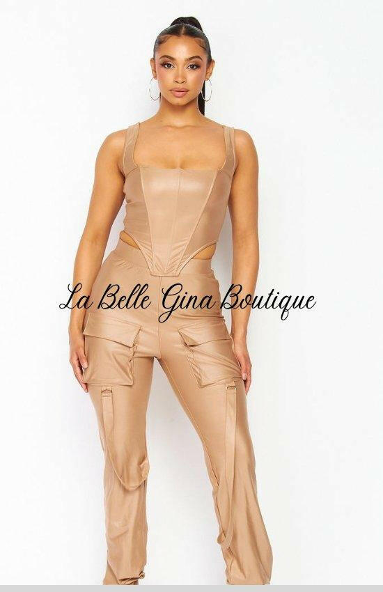 Juliette Corset Sleeveless Top and Matching Cargo Pants Set- Taupe - La Belle Gina Boutique