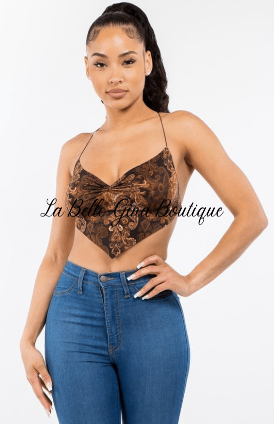 Kate sleeveless baroque printed crop top with crisscross open back. - La Belle Gina Boutique