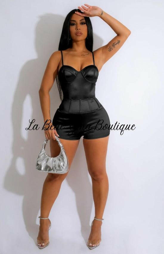 Kayla Suspender Low cut High-elastic Pure Silk Romper-Black - La Belle Gina Boutique