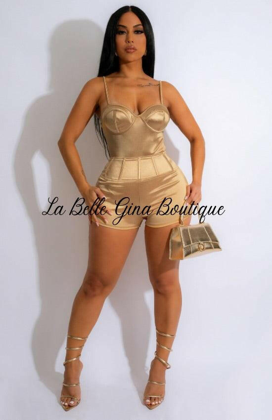 Kayla Suspender Low cut High-elastic Pure Silk Romper-Gold - La Belle Gina Boutique