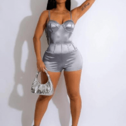 Kayla Suspender Low cut High-elastic Pure Silk Romper-Silver - La Belle Gina Boutique