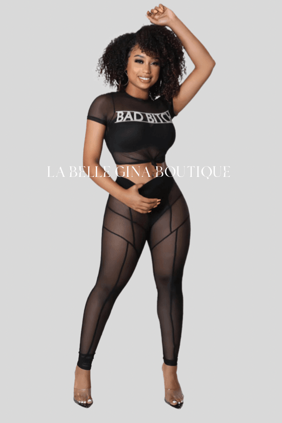 Lia print stretch slim short top and pants mesh two piece set. - La Belle Gina Boutique