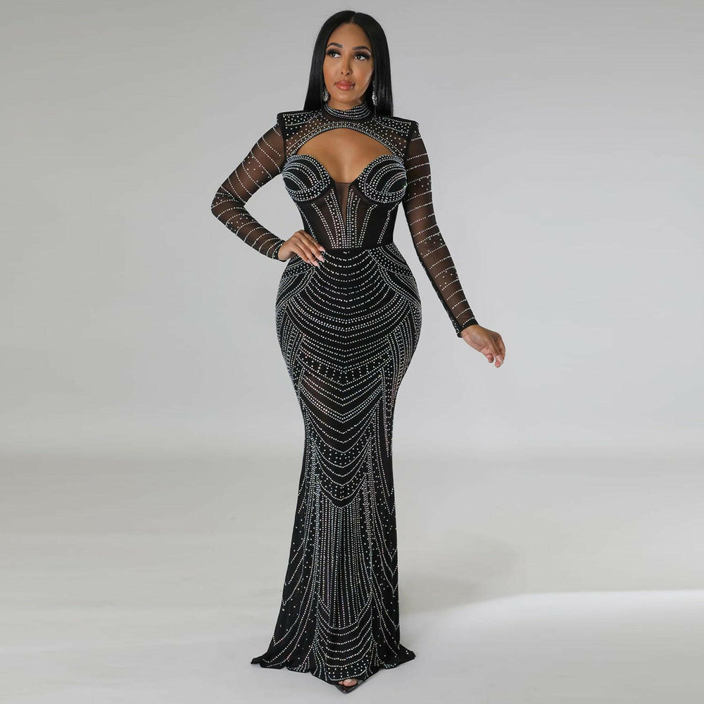 Lidia See-Through cut out long sleeves maxi dress-black - La Belle Gina Boutique