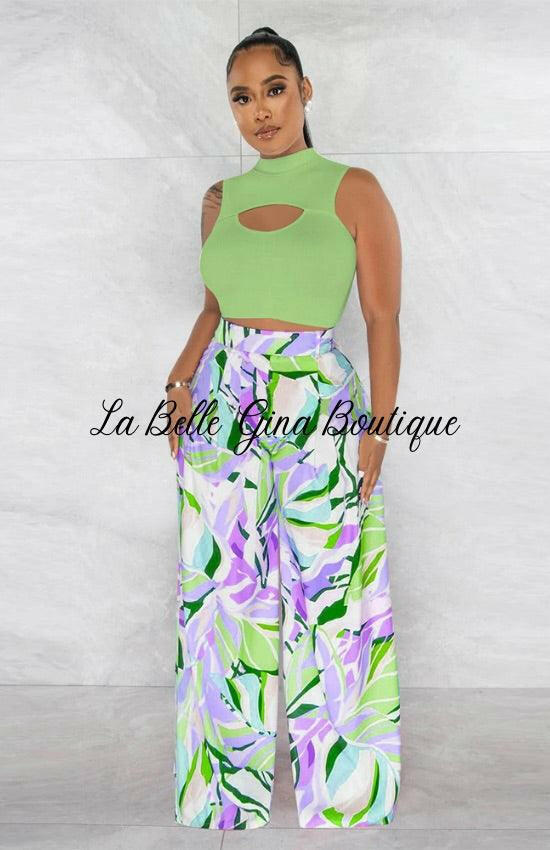 Lora sleeveless round neck cropped top printed wide leg pants Set-Green - La Belle Gina Boutique