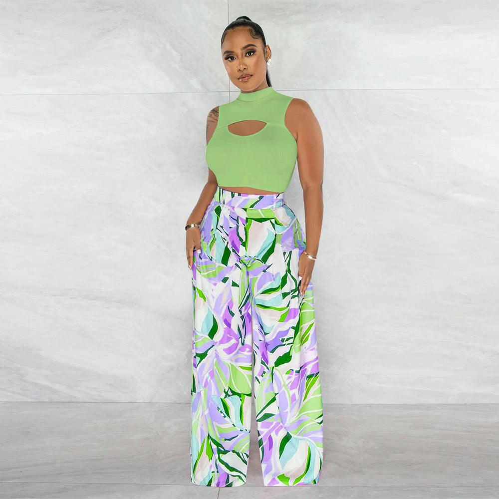 Lora sleeveless round neck cropped top printed wide leg pants Set-Green - La Belle Gina Boutique