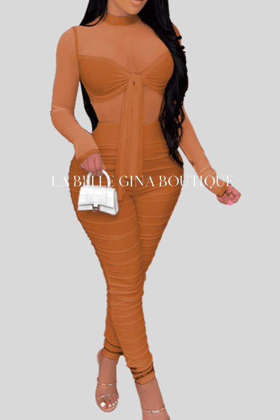MARIA mesh long sleeves jumpsuit Brown - La Belle Gina Boutique