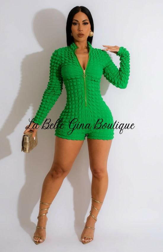 Maria Solid Color Long Sleeves Romper-Green - La Belle Gina Boutique