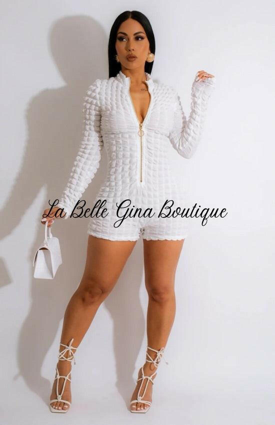 Maria Solid Color Long Sleeves Romper-White - La Belle Gina Boutique