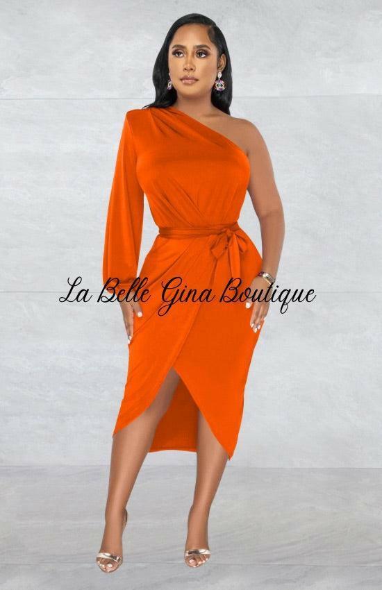 Marthe Single Sleeve Diagonal Long Skirt Dress-Orange - La Belle Gina Boutique