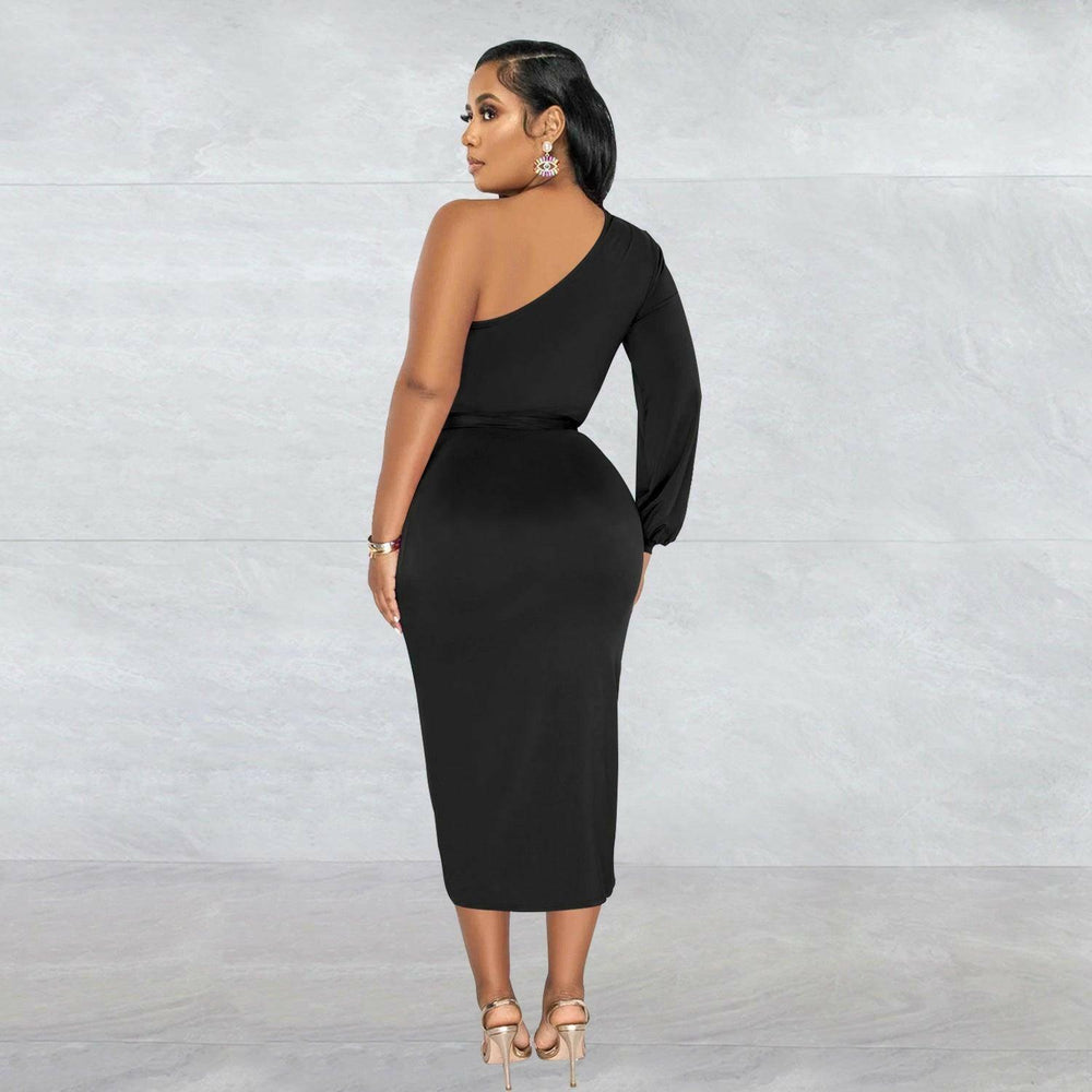 Marthe Single Sleeve Diagonal Long Skirt Dress-Orange - La Belle Gina Boutique