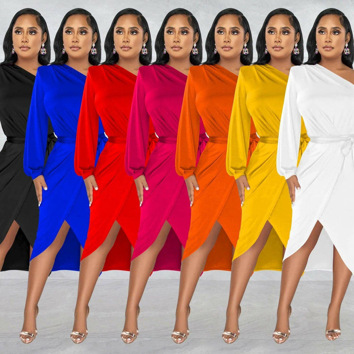 Marthe Single Sleeve Diagonal Long Skirt Dress-Orange - La Belle Gina Boutique