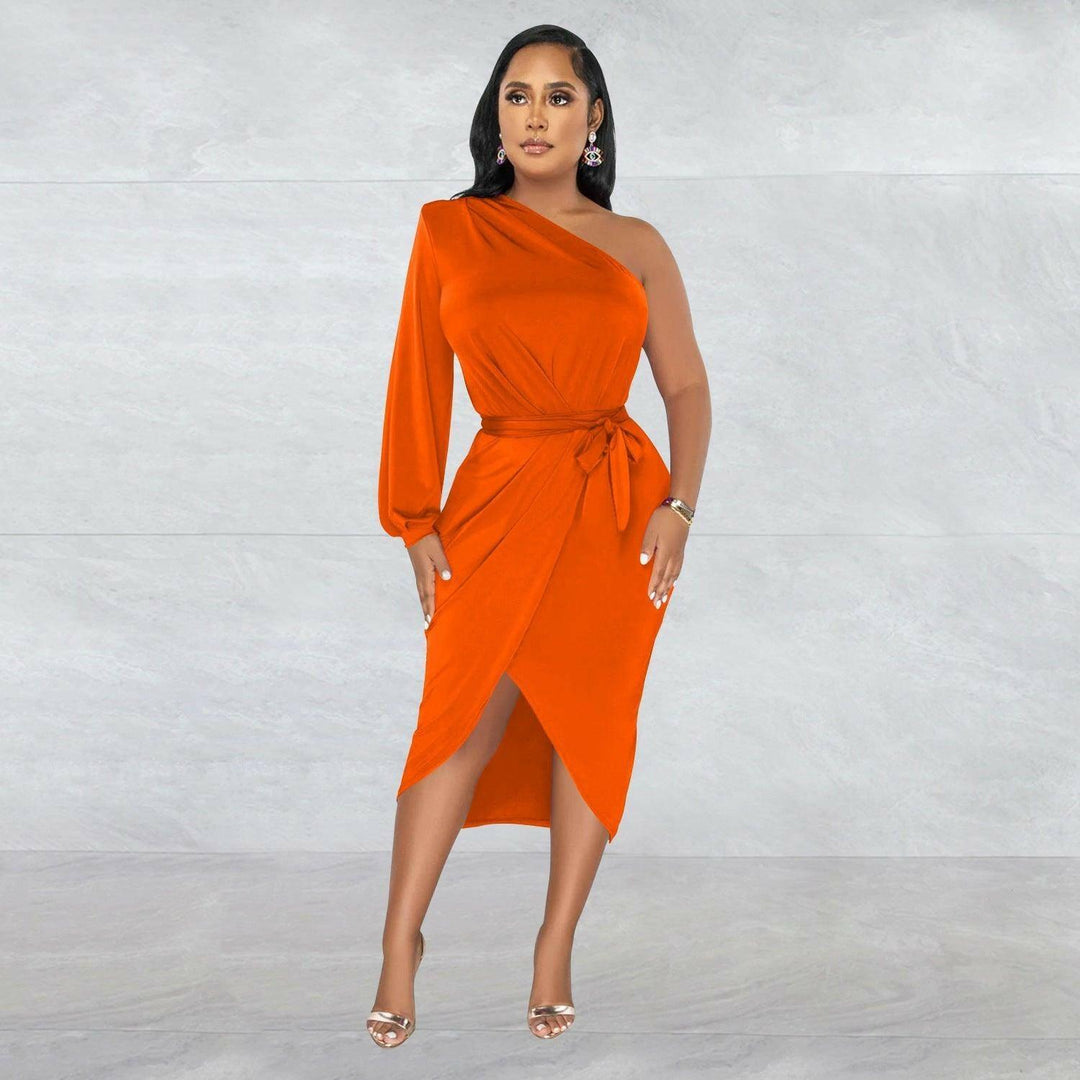 Marthe Single Sleeve Diagonal Long Skirt Dress-Orange - La Belle Gina Boutique