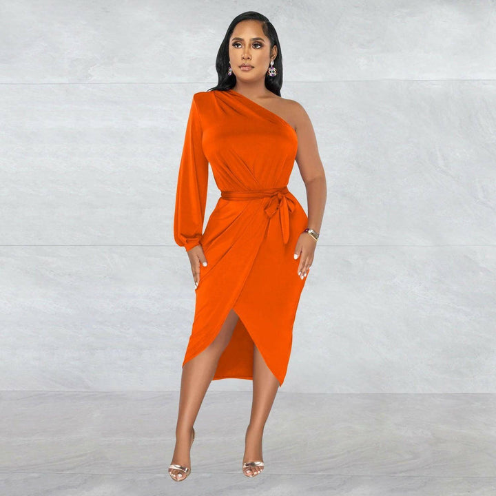 Marthe Single Sleeve Diagonal Long Skirt Dress-Orange - La Belle Gina Boutique