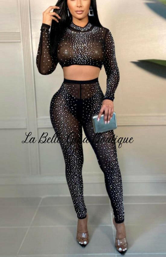 NELLE mesh sheer rhinestone crop top leggings matching set - La Belle Gina Boutique