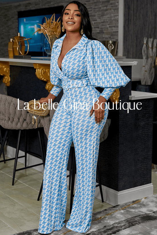 Nellie casual tight V-neck puff sleeve long sleeves wide leg pants set - La Belle Gina Boutique
