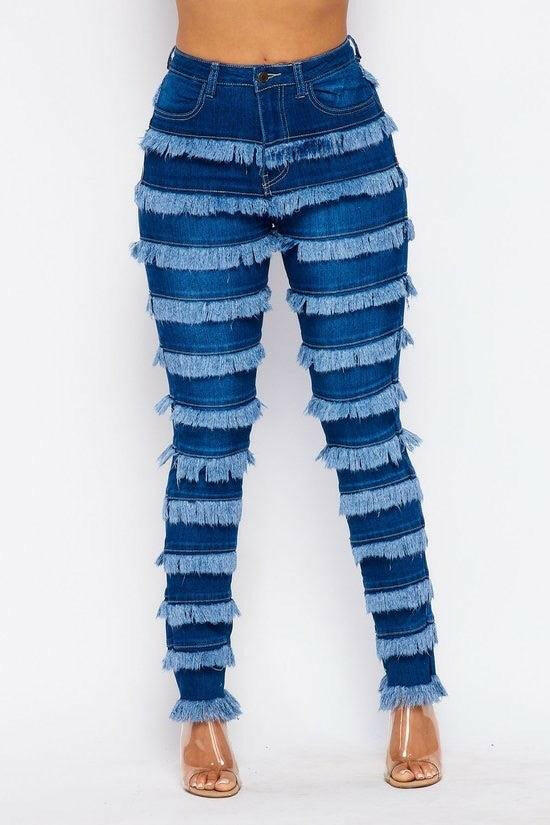 NITA denim fringe ring jeans - La Belle Gina Boutique