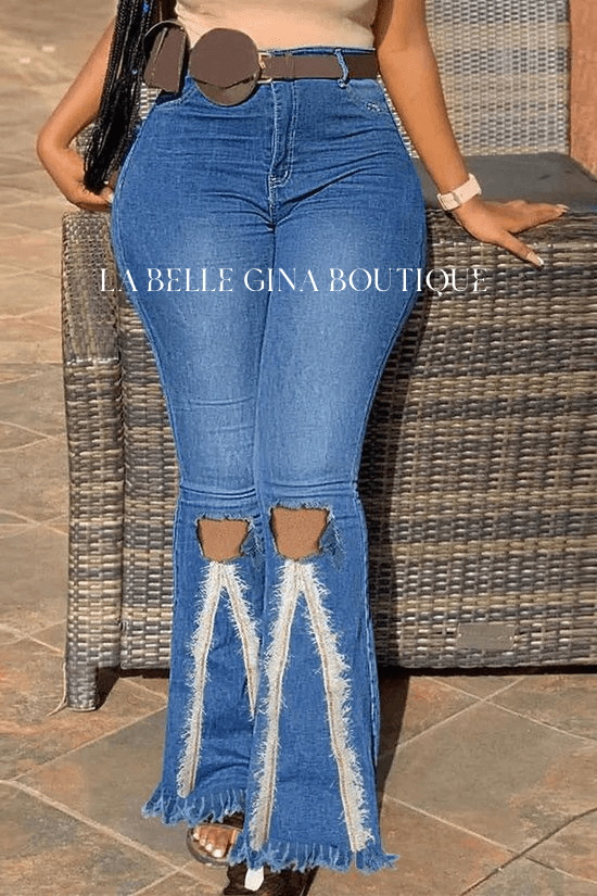 Rosie fly cut out raw hem flare leg jeans - La Belle Gina Boutique