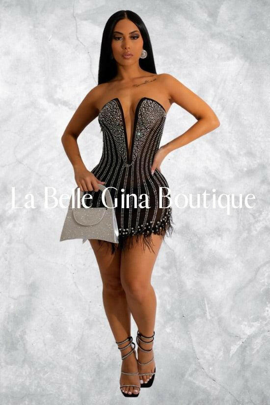 Sabrina Black rhinestones mini dress - La Belle Gina Boutique