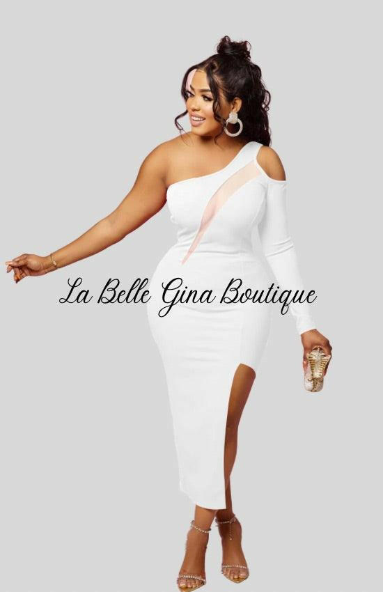 Salie Diagonal Shoulder Mesh Single Long- sleeve Dress-White - La Belle Gina Boutique
