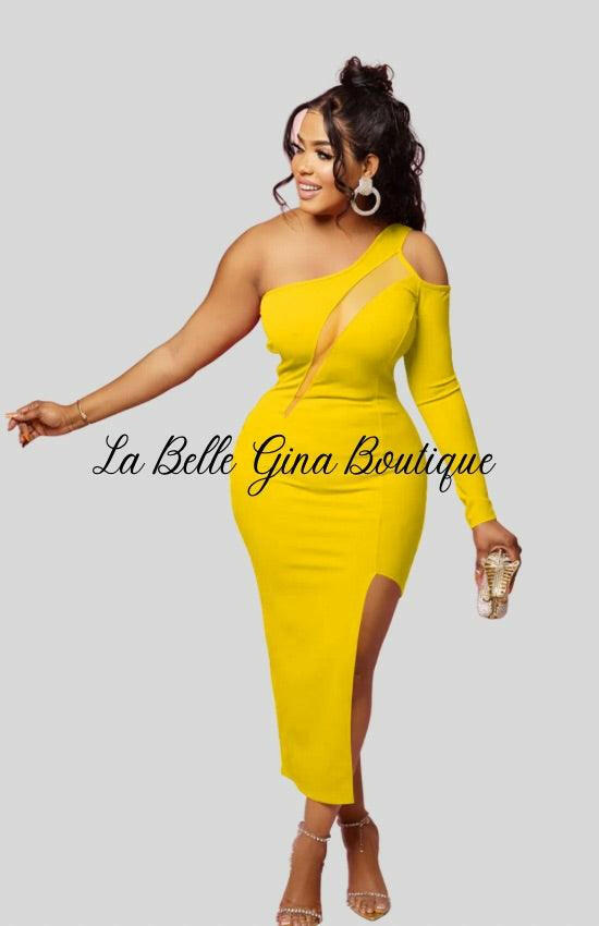 Salie Diagonal Shoulder Mesh Single Long- sleeve Dress-Yellow - La Belle Gina Boutique
