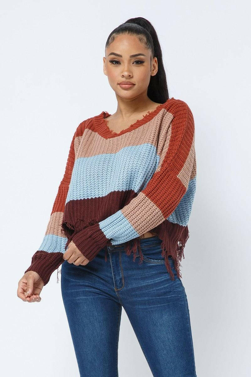 Sandra V neck distressed cozy sweater - La Belle Gina Boutique
