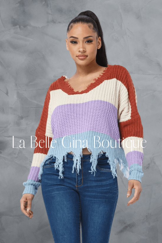 Sandra V neck distressed cozy sweater - La Belle Gina Boutique