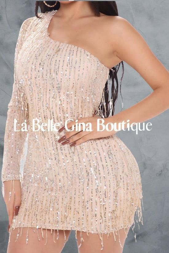 Sara long sleeve one shoulder sequin fringe dress-beige - La Belle Gina Boutique