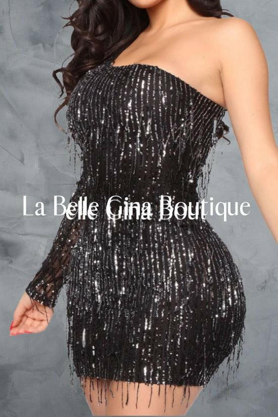 Sara long sleeve one shoulder sequin fringe dress-black - La Belle Gina Boutique