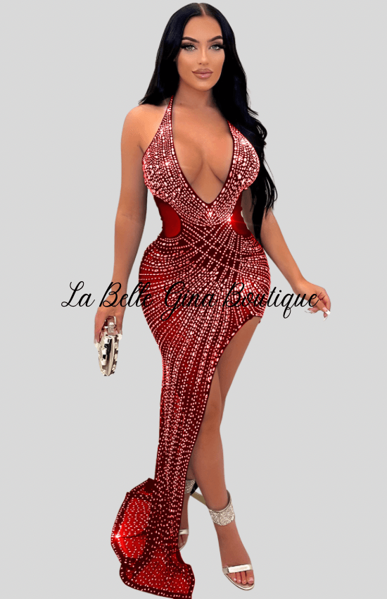 Sara Mesh Embellished Maxi Dres -Red - La Belle Gina Boutique