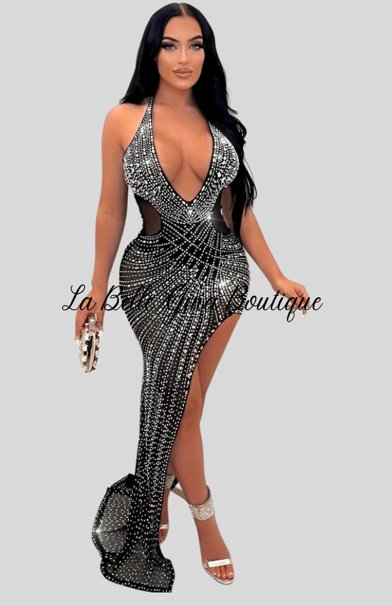 Sara Mesh Embellished Maxi Dress-Black - La Belle Gina Boutique