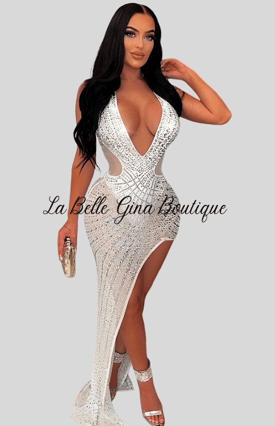 Sara Mesh Embellished Maxi dress-White - La Belle Gina Boutique