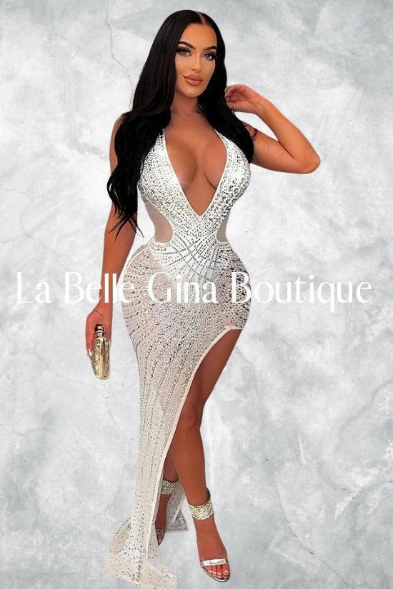 Sara Mesh Embellished Maxi dress-White - La Belle Gina Boutique