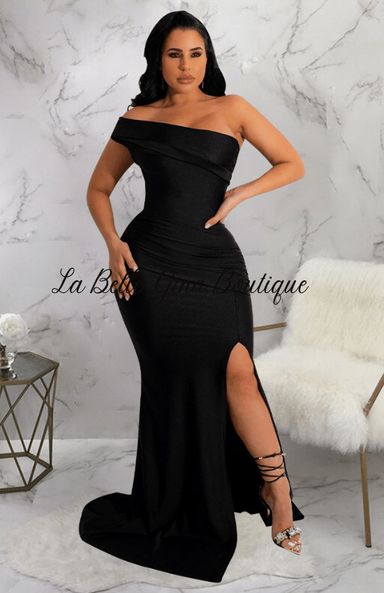 Sara off shoulder split length dress Black - La Belle Gina Boutique