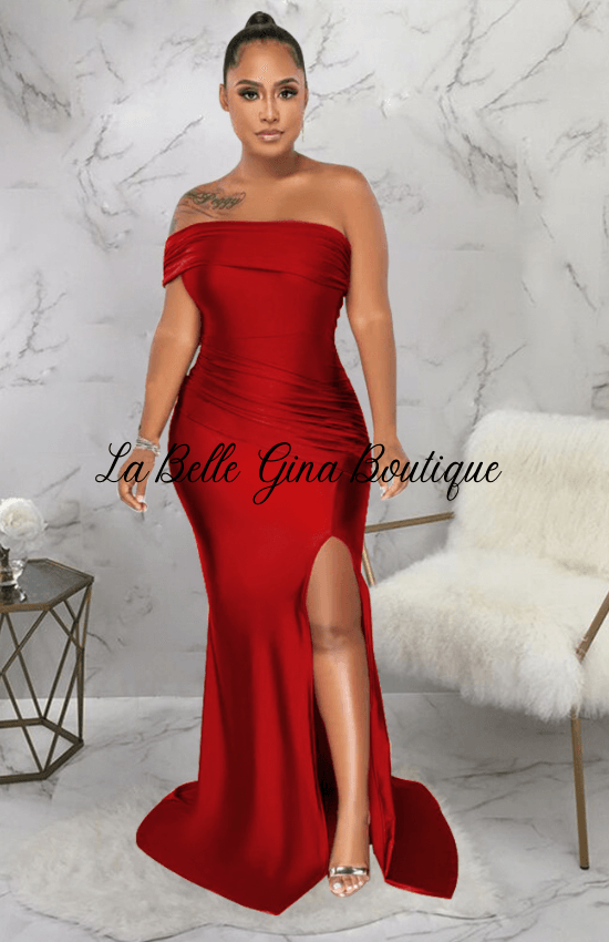 Sara Off Shoulder Split Length Dress Red - La Belle Gina Boutique