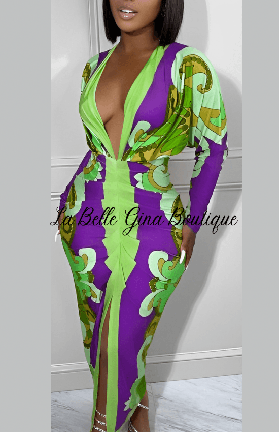 Sara V-neck tight fitting dress Multi-Purple - La Belle Gina Boutique