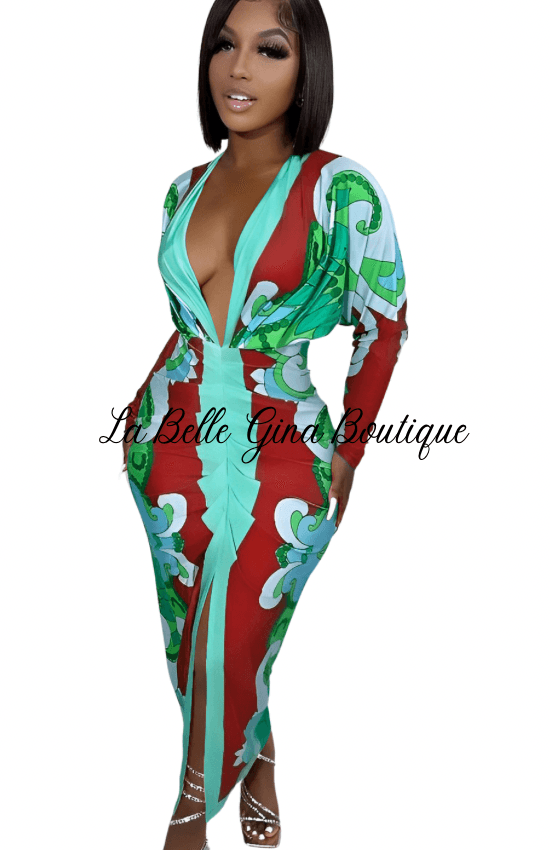 Sara V-neck Tight Fitting Dress Multi-Winered - La Belle Gina Boutique