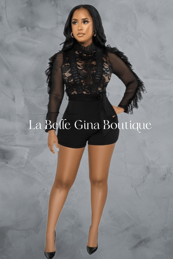 Sasha autumn and winter eyelash lace sexy see through romper Black. - La Belle Gina Boutique
