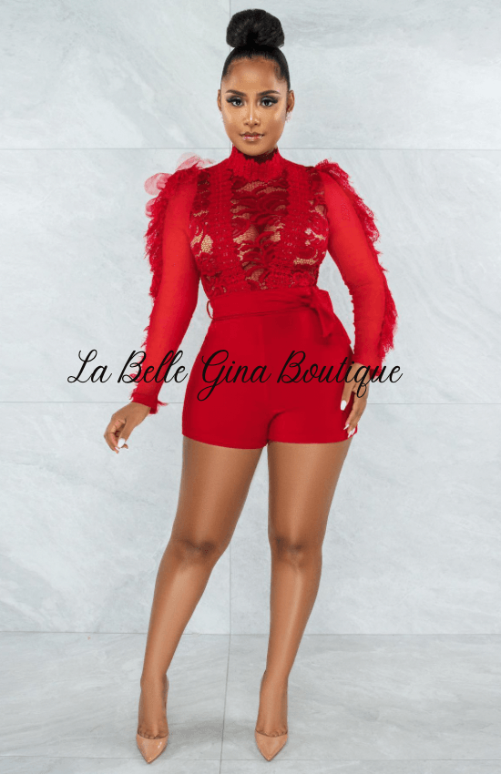 Sasha autumn and winter eyelash lace sexy see-through romper White and Red. - La Belle Gina Boutique