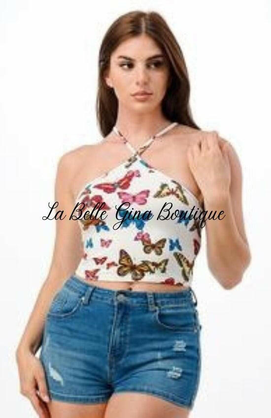 Sasha halter neck butterfly print crop top - La Belle Gina Boutique