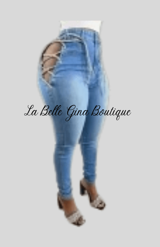 Sofia eyelet lace up jeans - La Belle Gina Boutique