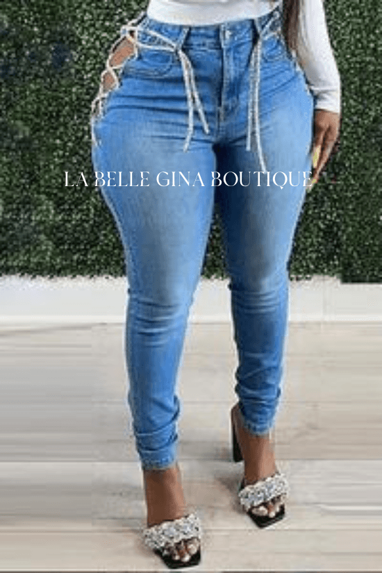 Sofia eyelet lace up jeans - La Belle Gina Boutique