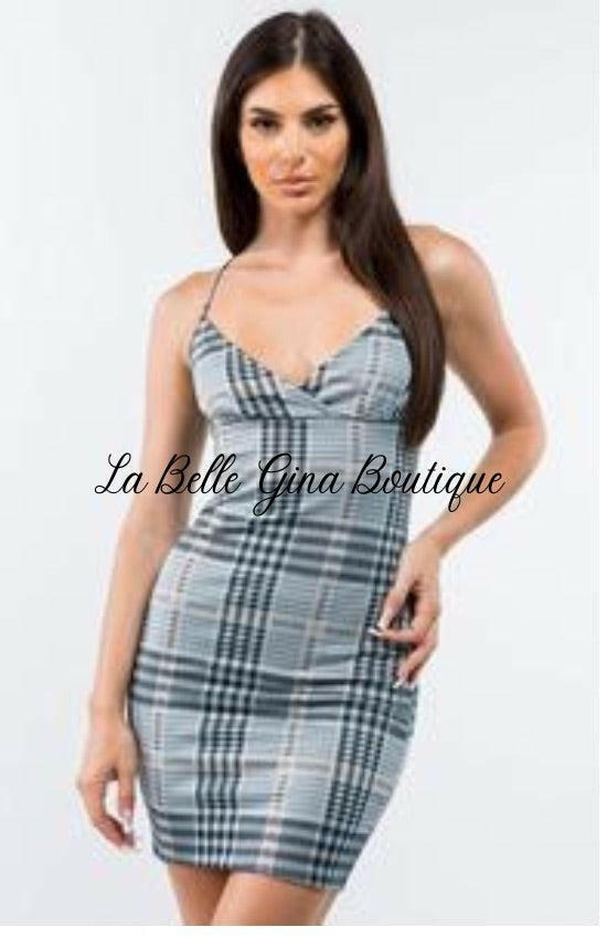 Sofia sleeveless V-Neck plaid printed mini dress- - La Belle Gina Boutique