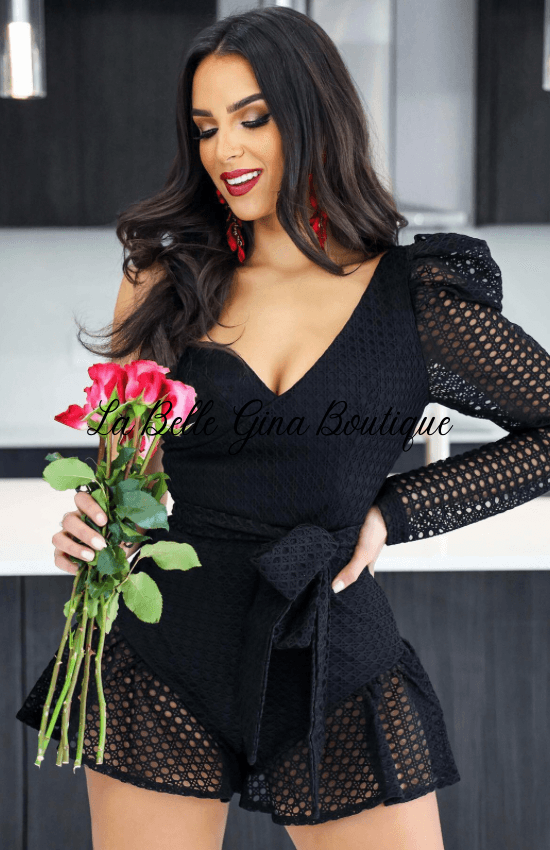Vanette Bra style one shoulder long sleeve mesh jumpsuit-Black - La Belle Gina Boutique