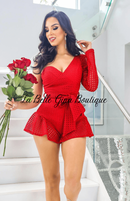 Vanette Bra style one shoulder long sleeve Mesh jumpsuit-Red - La Belle Gina Boutique