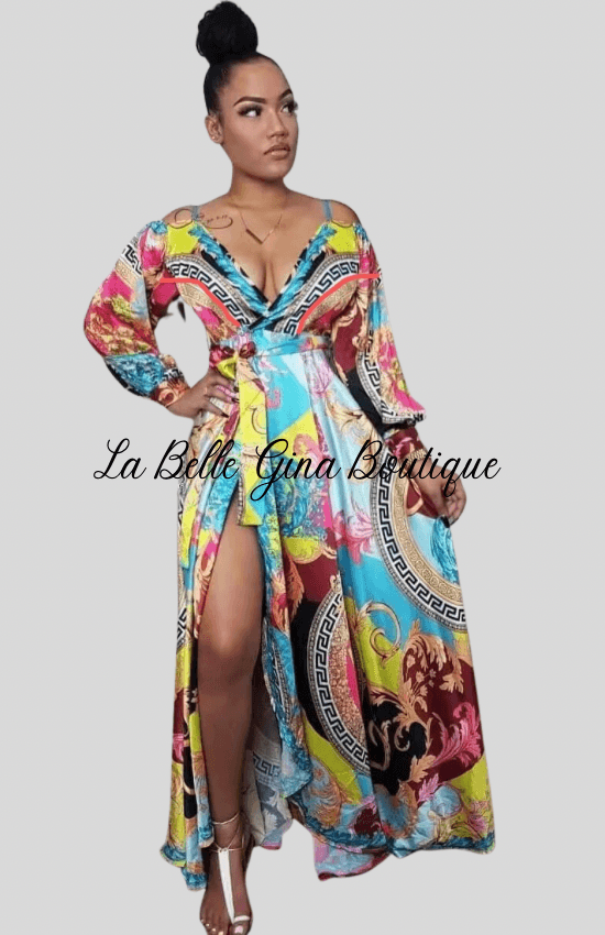 Vanette sexy printed straps long sleeves slit Maxi Dress-Multi - La Belle Gina Boutique